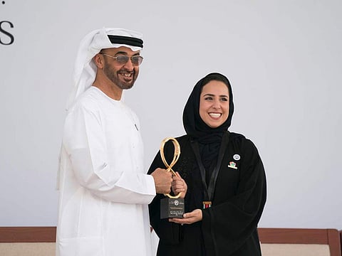 Farah Al Qaissieh receives Abu Dhabi Award from His Highness Shaikh Mohammad Bin Zayed Al Nahyan, Abu Dhabi Crown Prince and Deputy Supreme Commander of the UAE Armed Forces