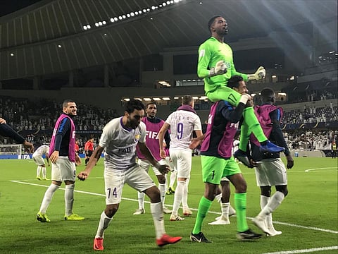 Al Ain players celebrate after they won against Wellington during the FIFA Club World Cup UAE 2018 at Shaikh Hazza Bin Zayed Stadium in Al Ain on Wednesday night.