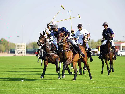 Action from the Emirates Open Polo Championship match between Habtoor Polo and Desert Palm Polo teams.