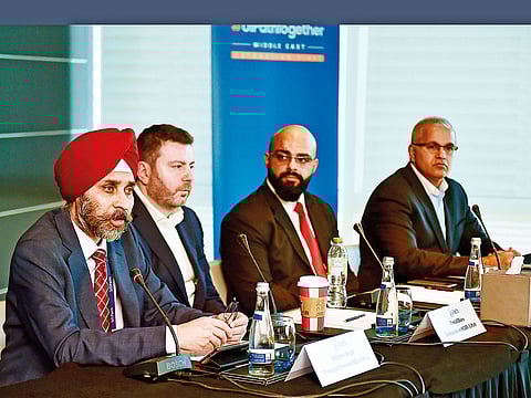 From left: Kulpreet Singh, managing director for the EMEA region at UiPath; Daniel Dines, co-founder and CEO; Karan Dixit, vice-president for the EMEA region; and Anand Nagwani, vice-president for partnerships in the EMEA region at a press conference in Dubai