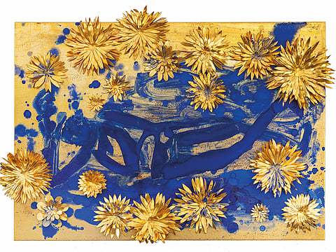 Nancy Lorenz, Reclining Buddha with Flowers, 2010. Gold leaf, gilt copper, pigment, on wood panel