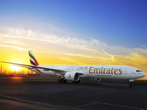 Emirates' Boeing 777-300ER arrives in Dubai.