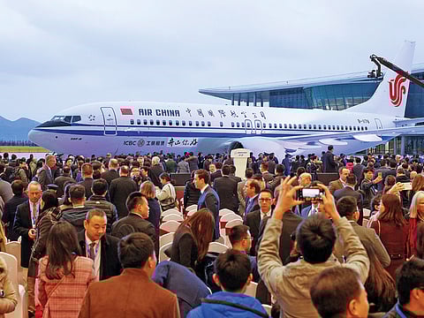 Guests at a ceremony marking the delivery of the first Boeing 737 Max narrow-body passenger airplane to Air China, at Boeing’s Zhoushan completion centre in Zhejiang,
