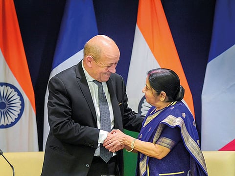 India’s External Affairs Minister Sushma Swaraj and French Minister of Europe and Foreign Affairs Jean-Yves Le Drian in New Delhi.