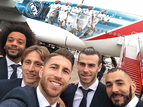 Real Madrid players, from left to right, Marcelo, Luka Modrić, Sergio Ramos, Gareth Bale and Karim Benzema take a selfie.