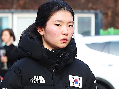 South Korean Olympic short track champion Shim Suk-hee outside the Suwon District Court in Suwon, south of Seoul.