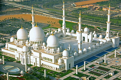 Aerial view of Shaikh Zayed Grand Mosque in Abu Dhabi.