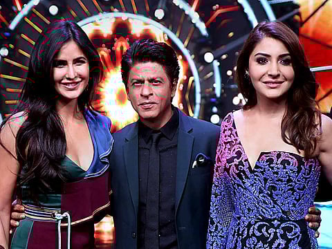 Bollywood actors Katrina Kaif, Shah Rukh Khan and Anushka Sharma pose for photos during the promotion of their flick 'Zero' four years ago.