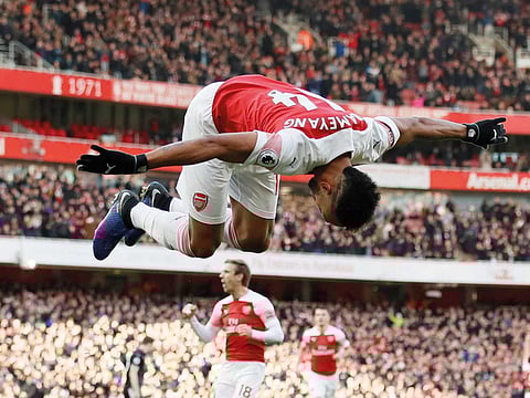 Arsenal’s Pierre-Emerick Aubameyang celebrates scoring their first goal against Burnley at Emirates Stadium.