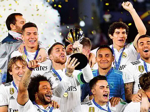 Real Madrid lift the 2018 Club World Cup in Abu Dhabi.