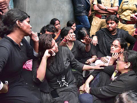 File photo: Women activists of ‘Manithi’ before the start of their trek to Sabarimala temple in Pamba in 2018.