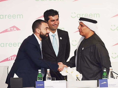 Mattar Al Tayer (right) with Mudassir Sheikha (centre) and Bassel Al Nahlaoul, managing director of Careem Gulf, after announcing the partnership with Careem in Dubai.