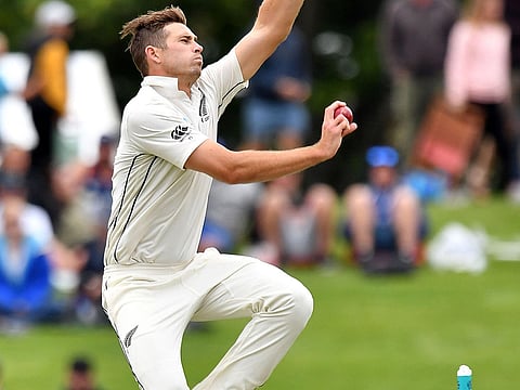 New Zealand's paceman Tim Southee bowls during day one of the second cricket Test match between New Zealand and Sri Lanka at Hagley Park Oval in Christchurch on December 26, 2018.