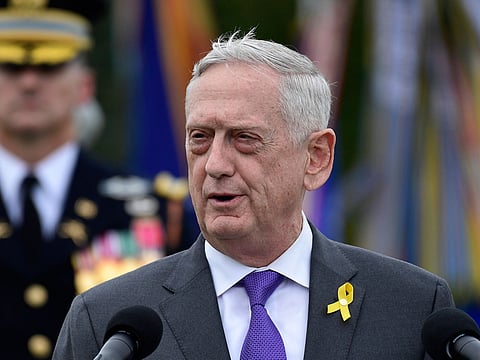 In this Sept. 21, 2018, file photo, Defense Secretary Jim Mattis speaks during the 2018 POW/MIA National Recognition Day Ceremony at the Pentagon in Washington.
