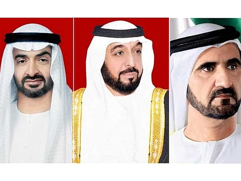 President, His Highness Shaikh Khalifa Bin Zayed Al Nahyan (centre), His Highness Shaikh Mohammad Bin Rashid Al Maktoum (right), Vice-President and Prime Minister of the UAE and Ruler of Dubai, and His Highness Shaikh Mohammad bin Zayed Al Nahyan (left), Crown Prince of Abu Dhabi and Deputy Supreme Commander of the UAE Armed Forces.