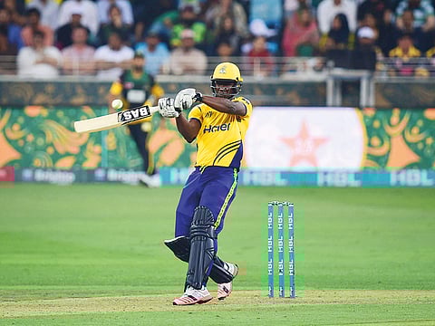 Darren Sammy of Peshwar Zalmi in action in Dubai