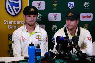 Australia captain Steve Smith (right) and Cameron Bancroft admitting to ball tampering in Cape Town on March 24.