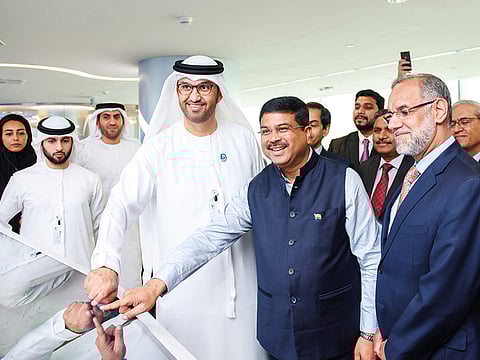 File picture: Dr Sultan Bin Ahmad Sultan Al Jaber, Minister of State and Adnoc Group CEO, and Dharmendra Pradhan witnessed the loading of the first cargo of crude oil from Adnoc, destined for Indian Strategic Petroleum Reserves Ltd. A consortium of three Indian public sector enterprises was awarded 10 per cent stake in the Lower Zakhum off shore oilfield in February.