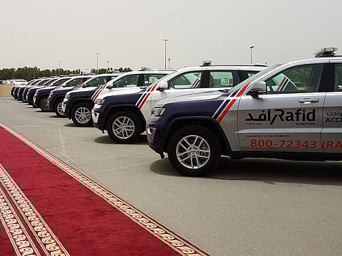 Vehicles that are part of Rafid Automotive Solutions, in Sharjah.