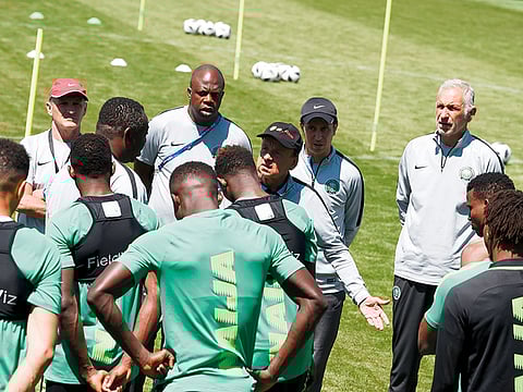 Nigeria’s coach Gernot Rohr (centre) addresses his players during a training session.