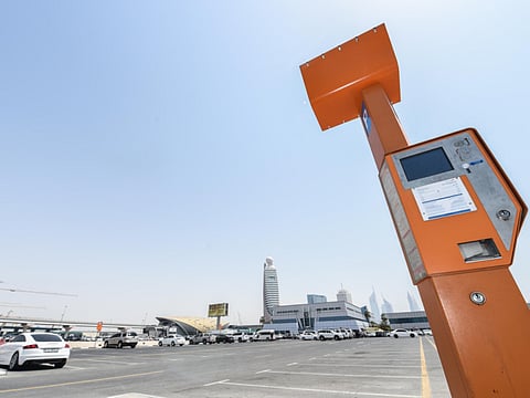 New digital touch screen parking meter machine opposite the Jafiliya metro station, Dubai. Parking will be free in Dubai on October 29 which has been declared as public holiday.
