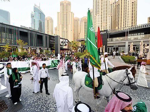 Celebration of Saudi National Day at Jumeirah Beach Residences in Dubai.