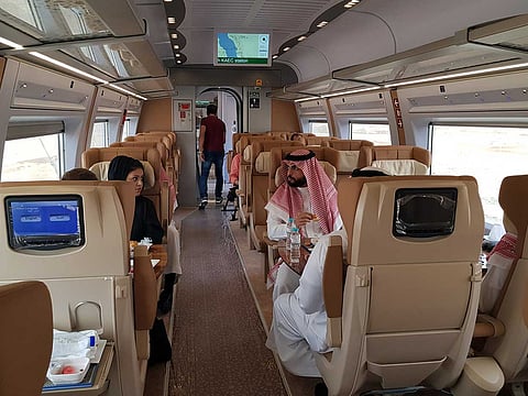 Inside the Haramain speed train in Jeddah. The economy class ticket price is set at SR23 per trip, with the aim of making the Sulaymaniyah station the first choice for services provided by the Haramain Train and facilitating Umrah pilgrimages for Jeddah Mecca