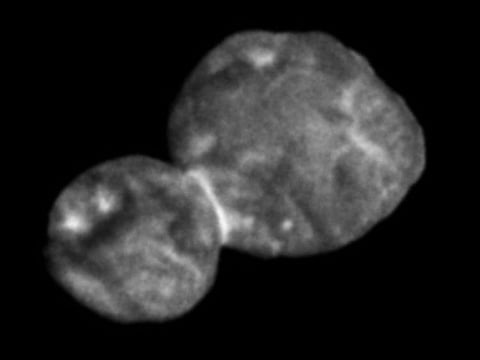 The Kuiper belt object Ultima Thule, about 1 billion miles beyond Pluto, encountered by the New Horizons spacecraft.