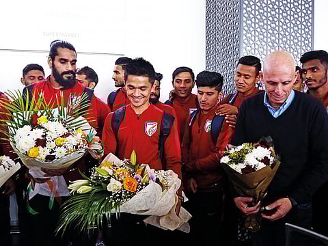India skipper Sunil Chhetri, coach Stephen Constantine and other team members in Abu Dhabi.