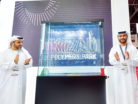 Abdul Aziz Al Hajiri, director of Adnoc’s Downstream Directorate, and Captain Mohammad Juma Al Shamsi, CEO of Abu Dhabi Ports launching the Kizad Polymers Park in Dubai on Sunday.