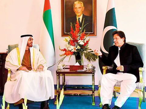 Shaikh Mohammad Bin Zayed Al Nahyan in a one-on-one meeting with Imran Khan in Islamabad on Sunday.