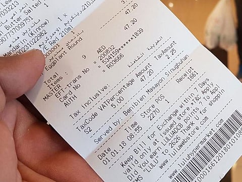 A grocery bill showing VAT has been charged.