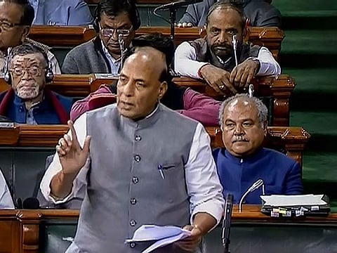 Union Home Minister Rajnath Singh speaks in the Lok Sabha during the Parliament Winter Session, in New Delhi, Tuesday, Jan 8, 2019.
