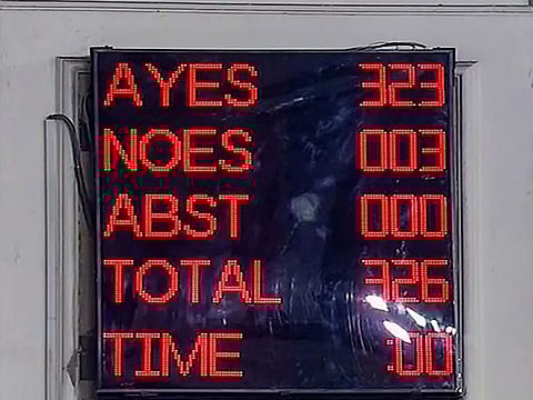 A screen displays the results of voting on the bill to provide 10 per cent reservation in jobs and educational institutions to economically backward section in the general category, in Lok Sabha in New Delhi, Tuesday, Jan 8 2019.