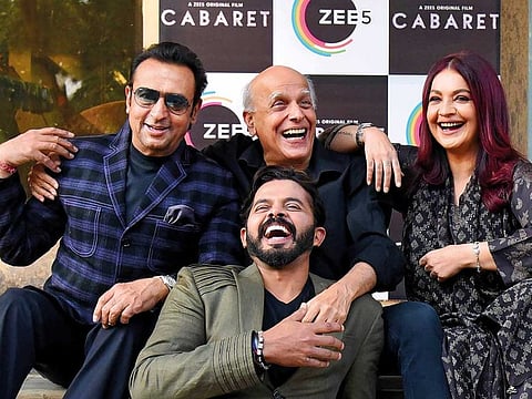 Gulshan Grover, Mahesh Bhatt, Pooja Bhatt and S Sreesanth during an event for ‘Cabaret’ in Mumbai