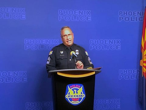 Sgt. Tommy Thompson, of the Phoenix Police Department, speaks to the media Wednesday, Jan. 9, 2019, in Phoenix, regarding the case of a woman in a vegetative state at a long-term care facility who recently gave birth.