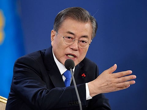 South Korea's President Moon Jae-in holds his New Year press conference at the presidential Blue House in Seoul Thursday, Jan. 10, 2019.