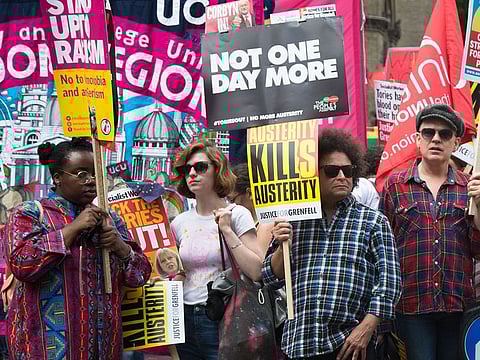 Thousands on demonstration protesting the Tory governments on going austerity cuts. -
