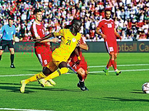 Australia’s Awer Mabil drives the ball during the 2019 AFC Asian Cup match against Palestine in Dubai.