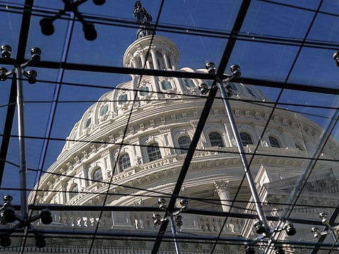 The Capitol Dome is seen through a skylight in the Capitol Visitors Center in Washington.