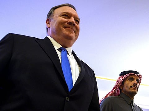 U.S. Secretary of State Mike Pompeo and Qatari Deputy Prime Minister and Minister of Foreign Affairs Sheikh Mohammed bin Abdulrahman Al-Thani, arrive at the Sheraton Grand to hold a joint press conference in Doha, Qatar January 13, 2019.