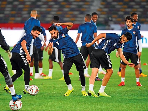 The UAE players participate in a training session ahead of their match against Thailand. The UAE are currently at the top of the table with four points from two matches.