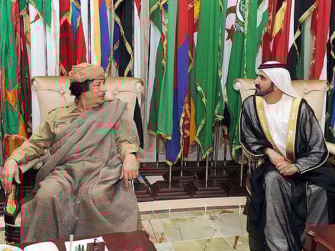 Shaikh Mohammad with Muammar Al Gaddafi in 2010.