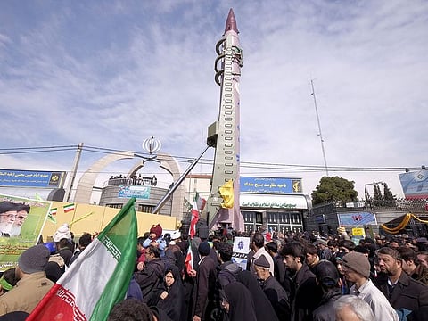 Iranian-made Emad missile is displayed during a ceremony marking the 37th anniversary of the Islamic Revolution, in Tehran