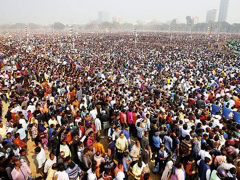 Supporters listen to speakers during the rally. Speakers from India’s myriad parties urged voters from the pulpit to unite against the prime minister and his BJP.