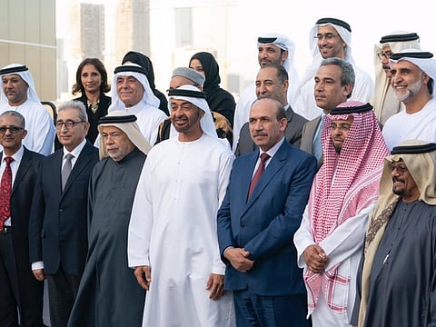 Mohammad Bin Zayed with General Union of Arab Writers conference participants in Abu Dhabi.