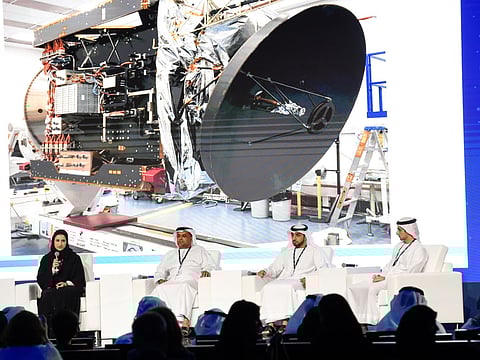 (From left) Sarah Amiri, Minister of State for Advanced Sciences, Khaled Al Hashmi, Director of Space Missions, UAE Space Agency, Zakareyya Al Shamsi, Deputy Project Manager, MBRSC and Omran Sharaf, Emirates Mars Mission Project Director addressing delegates during the opening session at the Mohammad Bin Rashid Space Centre's Science event in Dubai on Monday 21 January 2019. Photo: Virendra Saklani/Gulf News