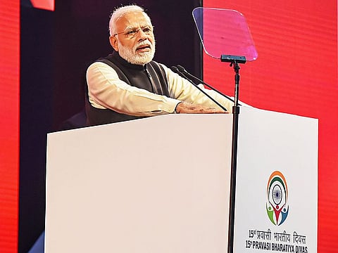 India's Prime Minister Narendra Modi addresses during the inauguration of 15th Pravasi Bharatiya Divas Convention 2019 in Varanasi, Tuesday, January 22, 2019.