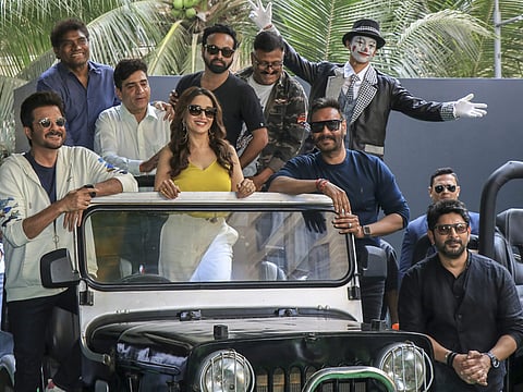 Madhuri Dixit, Ajay Devgn and Anil Kapoor during the trailer launch of their upcoming comedy film ‘Total Dhamaal’, in Mumbai, on Monday.