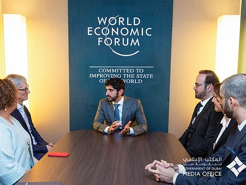 Shaikh Hamdan Bin Mohammad meets Apple CEO Tim Cook at the World Economic Forum in Davos, Switzerland.